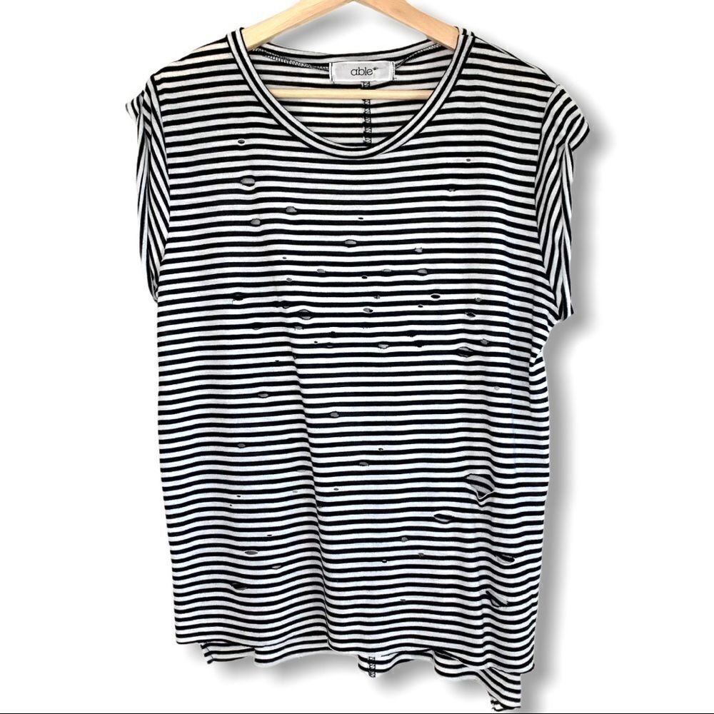 able Striped Distressed Slashed Rolled Sleeve Top - Picture 2 of 8